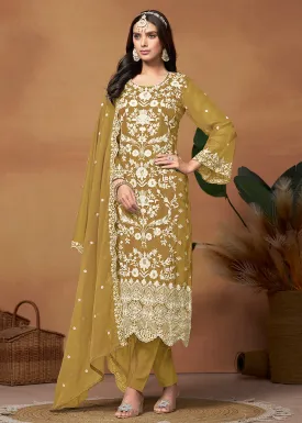 Amazing Mustard Organza Embroidered Designer Salwar Suit