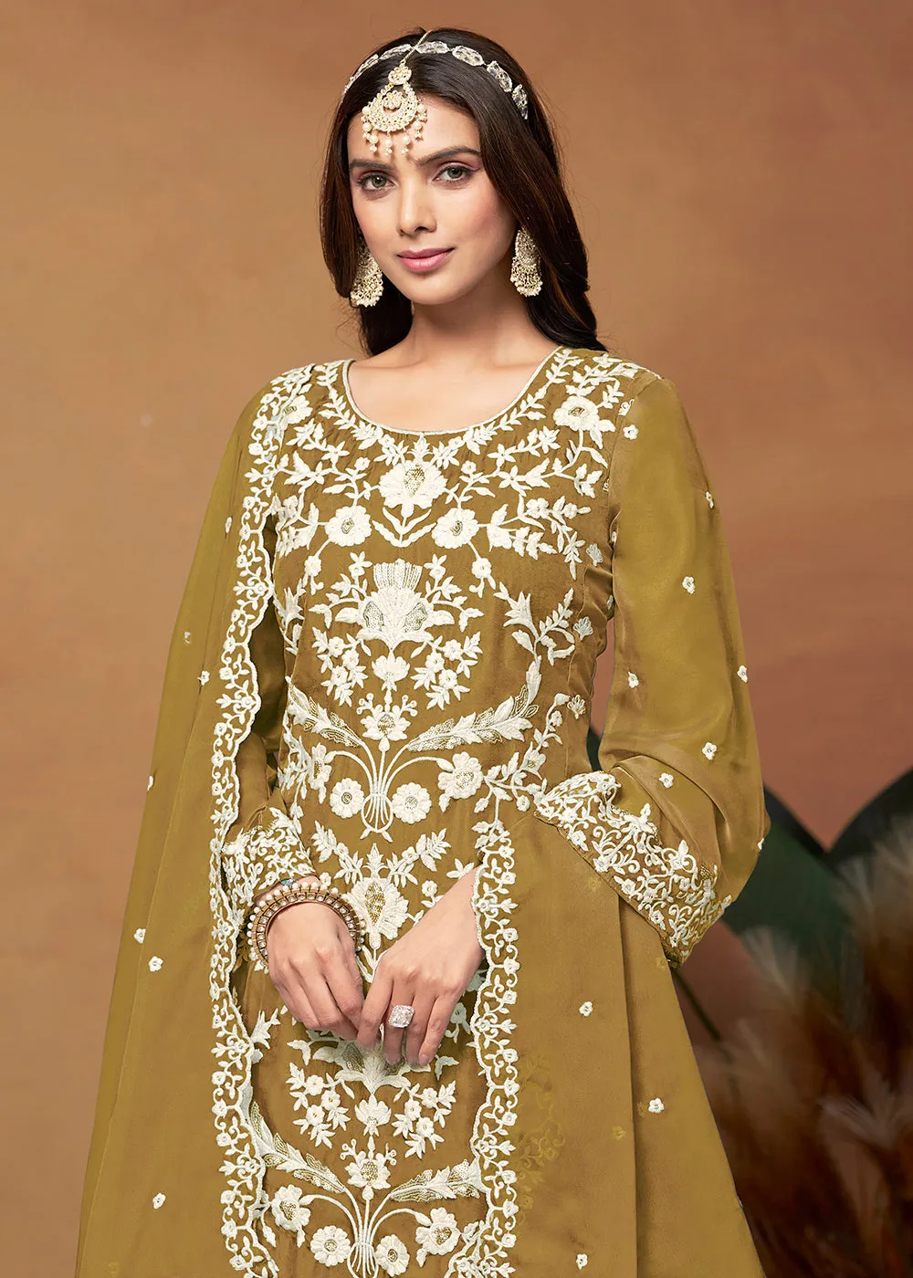 Amazing Mustard Organza Embroidered Designer Salwar Suit