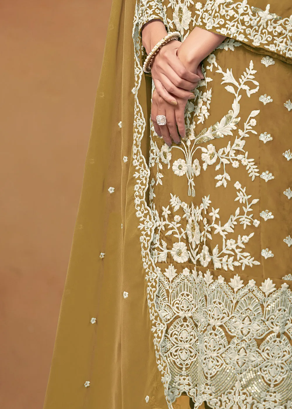 Amazing Mustard Organza Embroidered Designer Salwar Suit