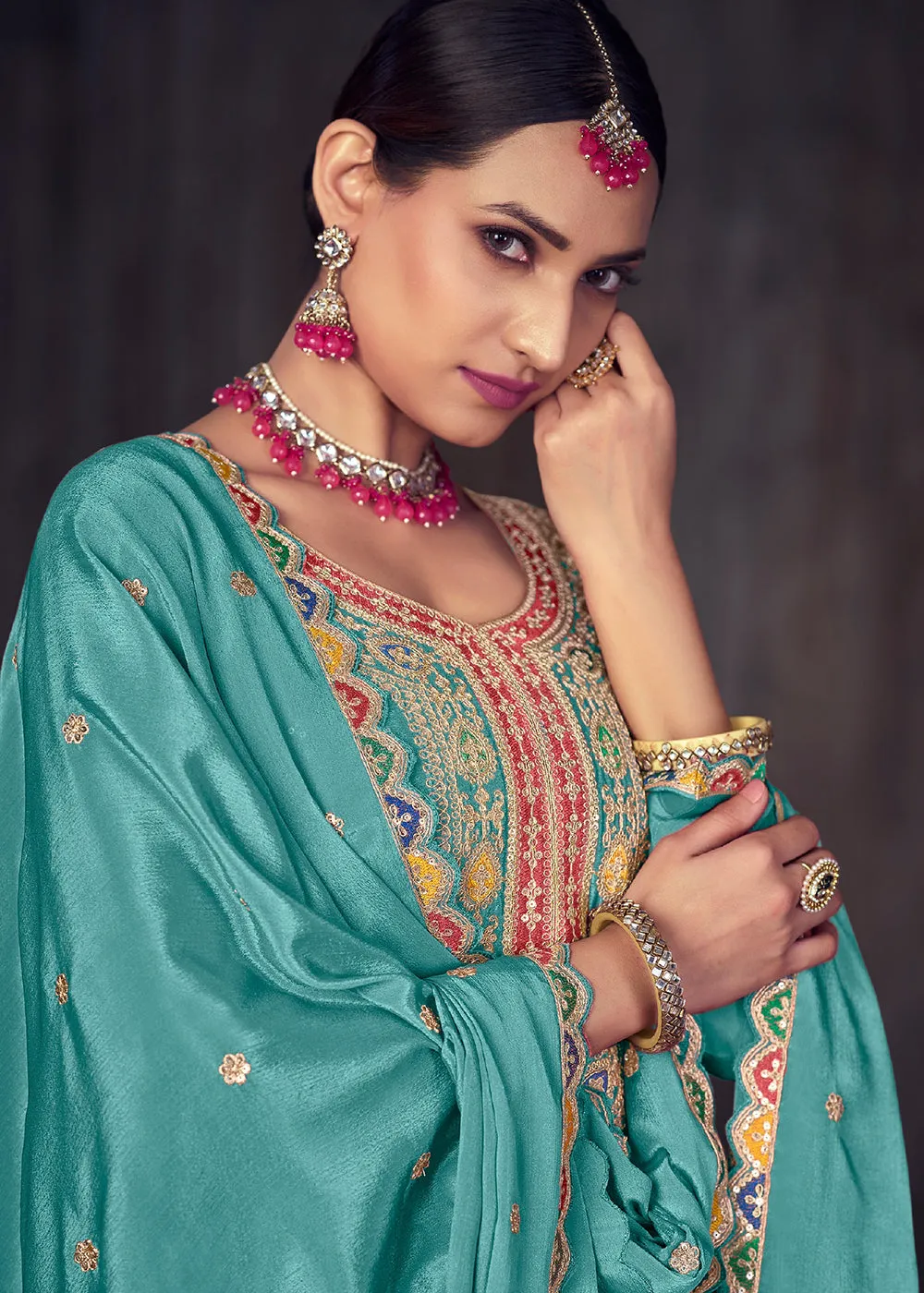 Aqua Blue Heavy Chinnon Embroidered Lehenga Kurta Suit