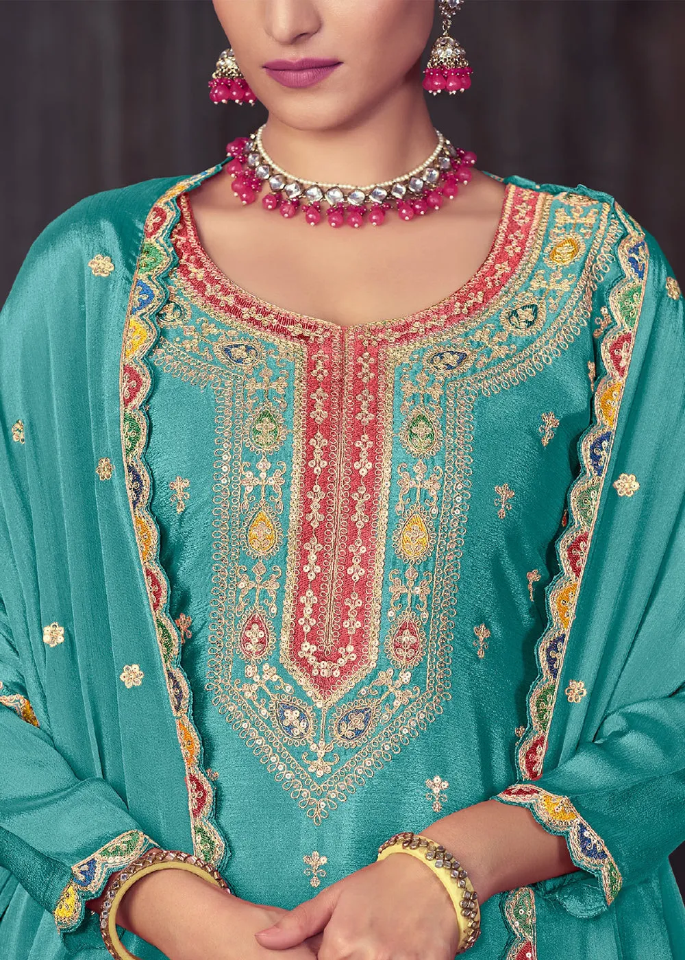 Aqua Blue Heavy Chinnon Embroidered Lehenga Kurta Suit