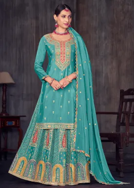 Aqua Blue Heavy Chinnon Embroidered Lehenga Kurta Suit