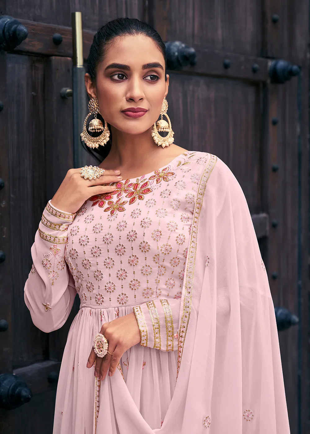 Attractive Georgette Chiku Beige Embroidered Palazzo Salwar Suit