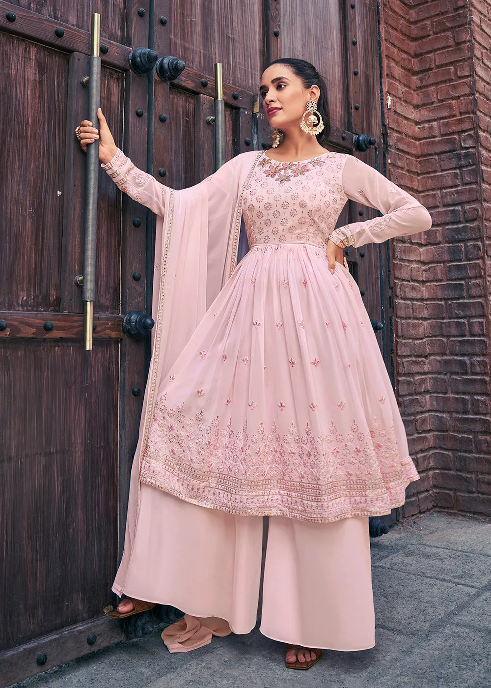 Attractive Georgette Chiku Beige Embroidered Palazzo Salwar Suit