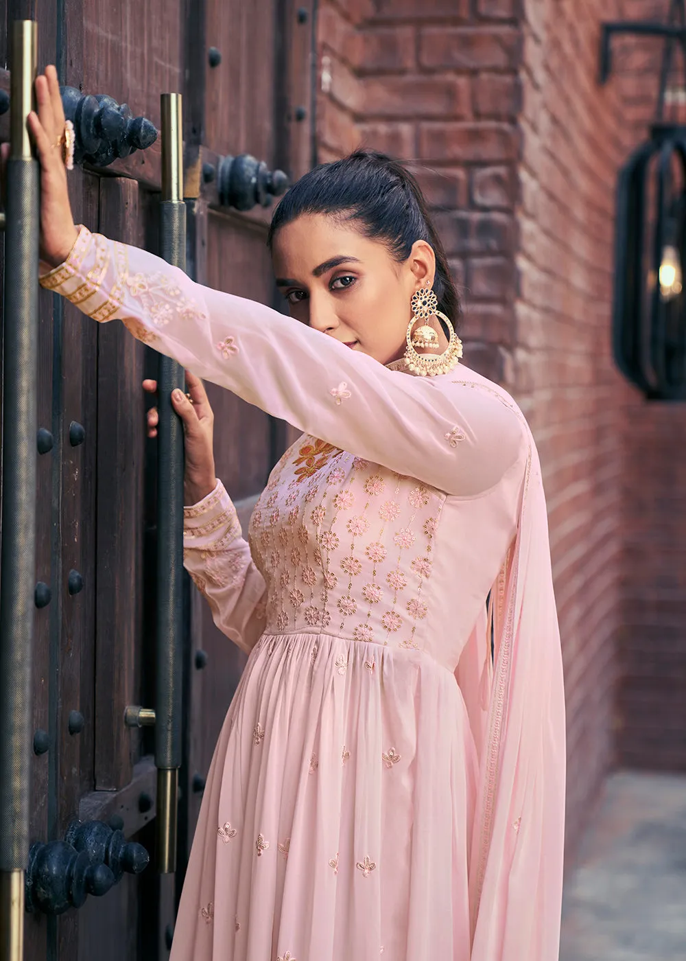 Attractive Georgette Chiku Beige Embroidered Palazzo Salwar Suit