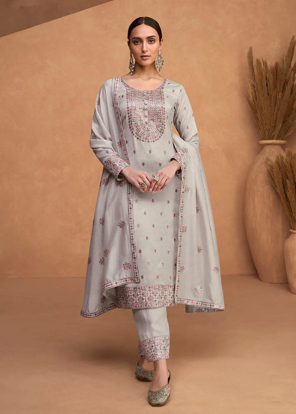 Beautiful Slate Grey Premium Silk Pant Style Salwar Suit
