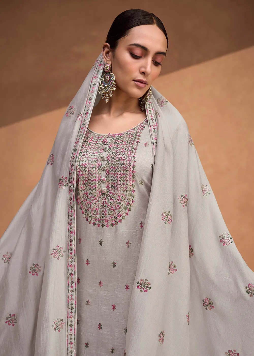 Beautiful Slate Grey Premium Silk Pant Style Salwar Suit