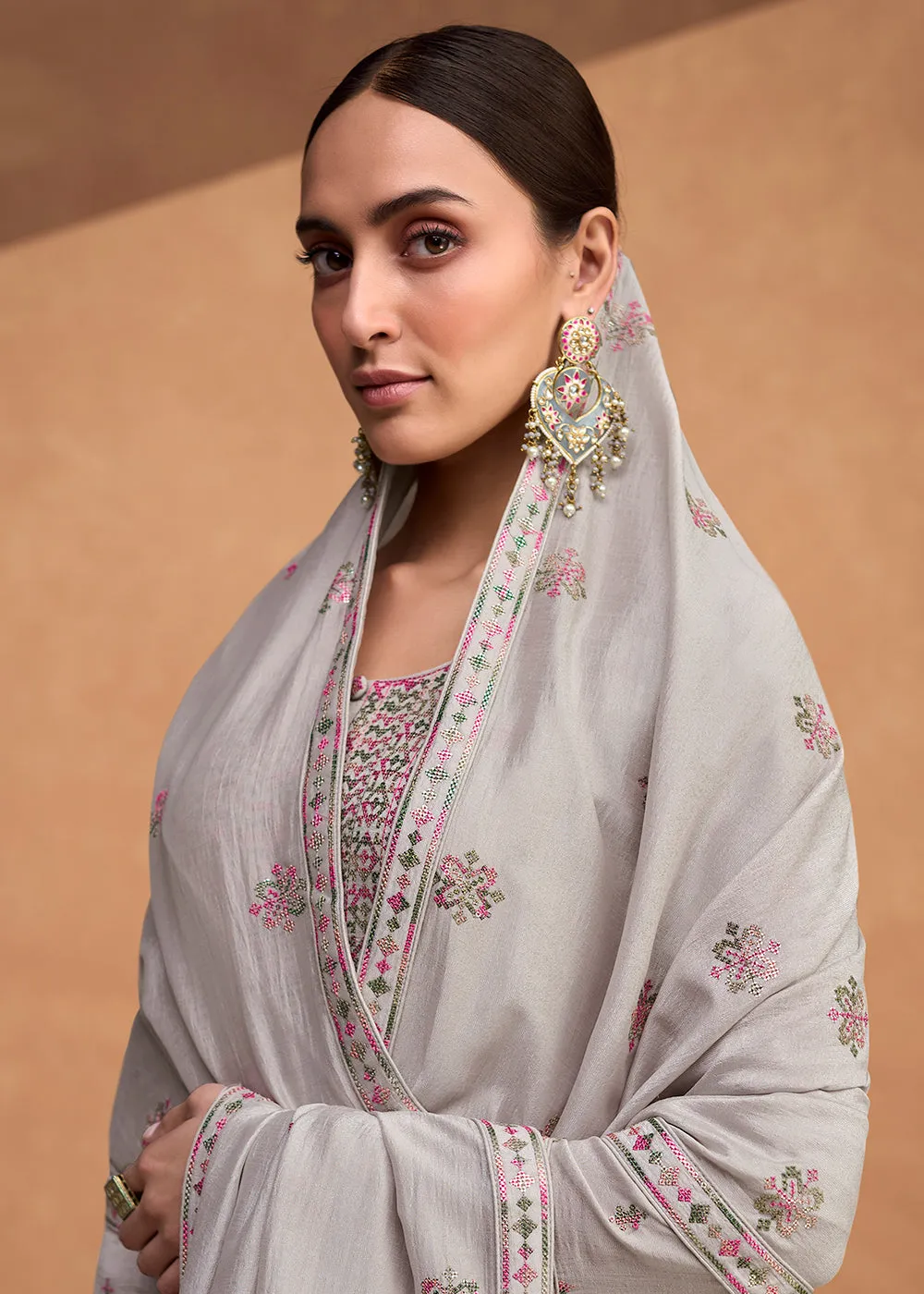 Beautiful Slate Grey Premium Silk Pant Style Salwar Suit