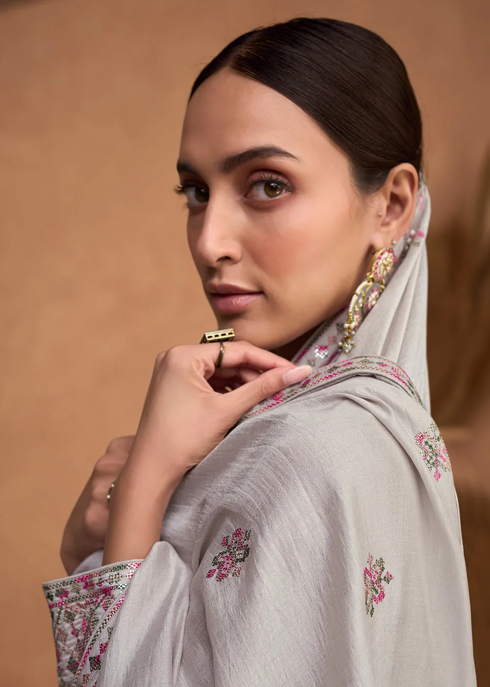 Beautiful Slate Grey Premium Silk Pant Style Salwar Suit