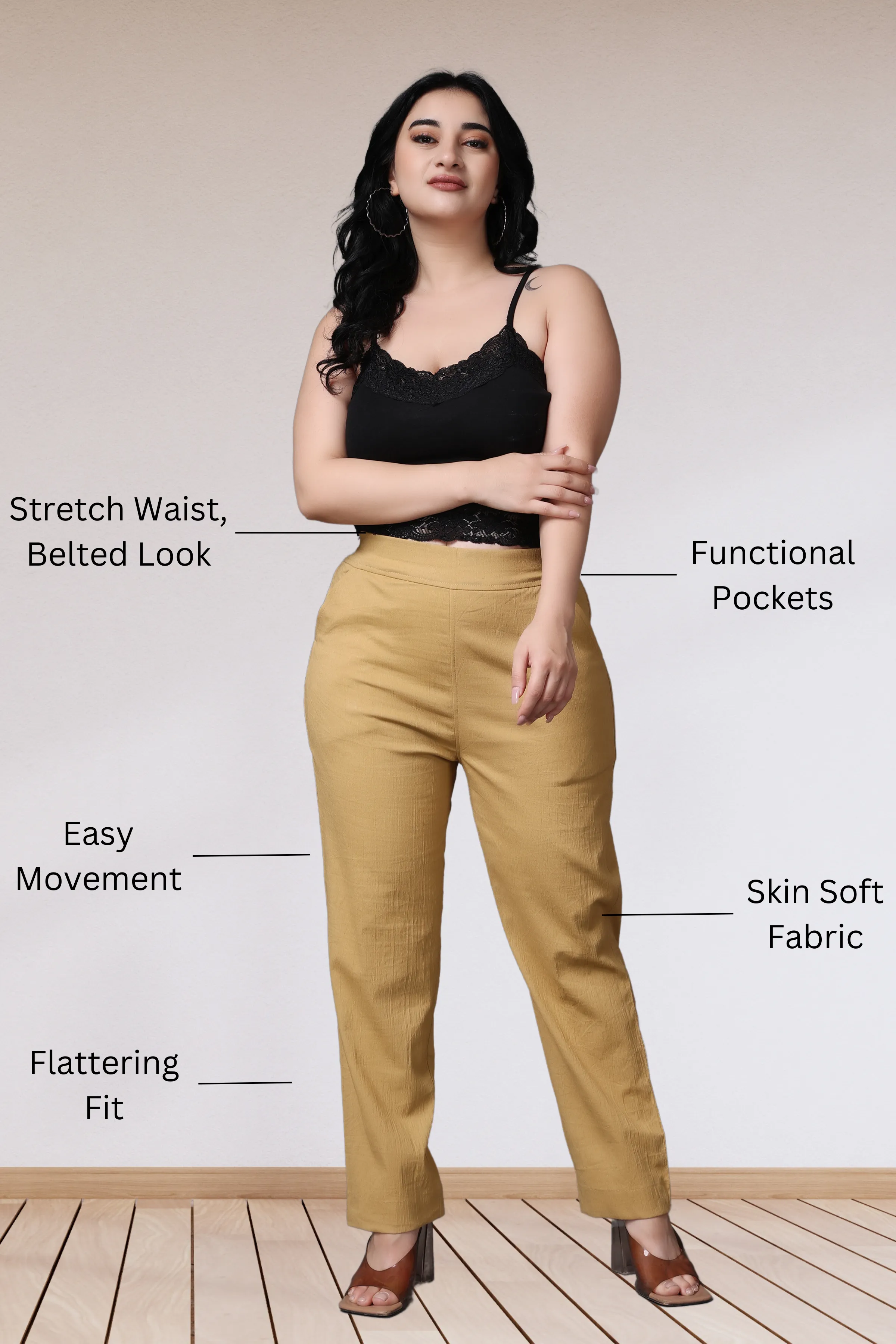 Beige Lycra Slub Pants