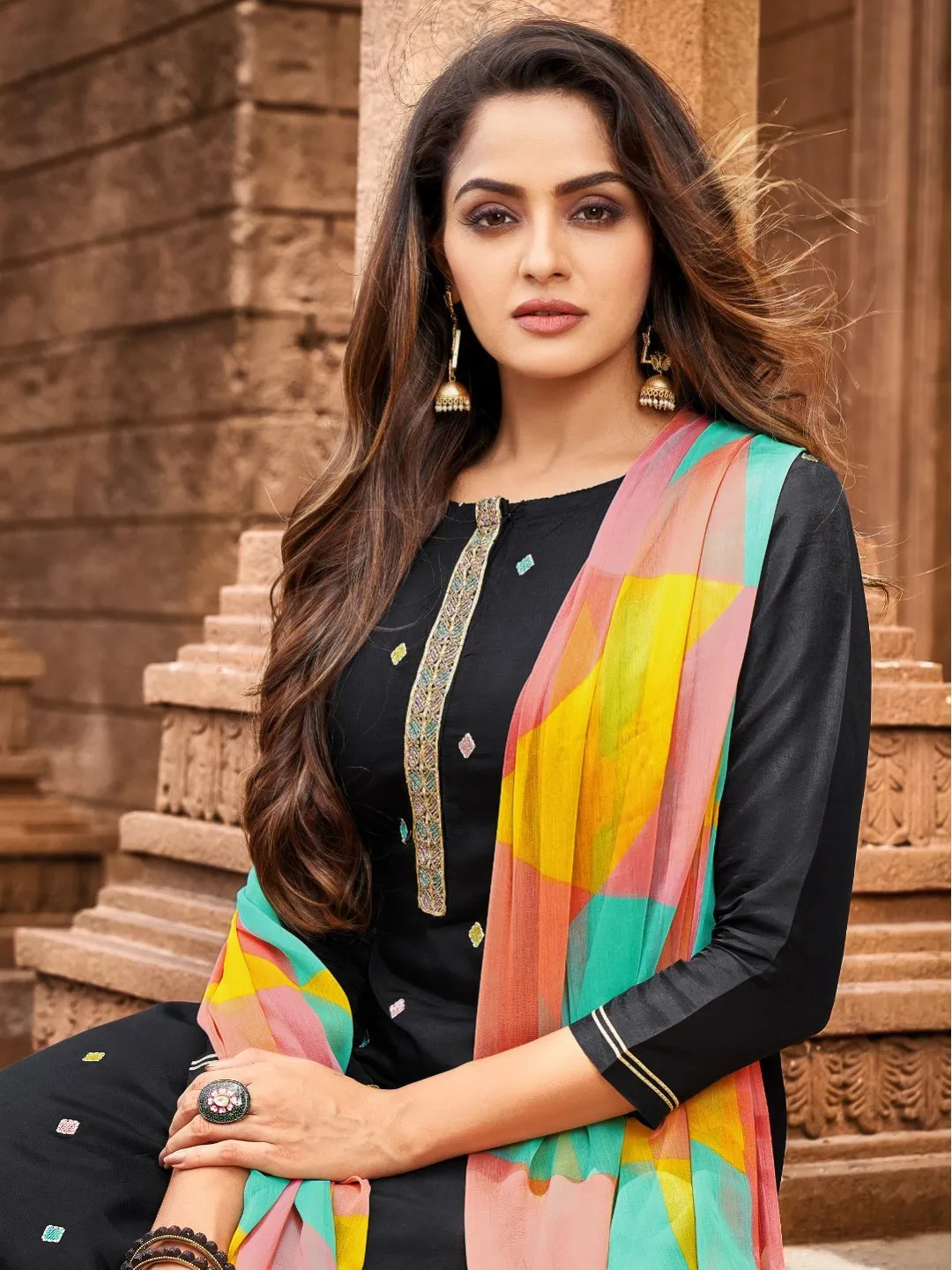 Black Embroidered Unstitched Cotton Suit With Dupatta