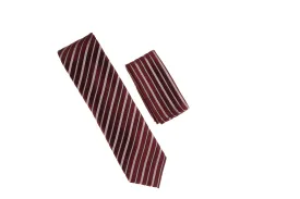 Burgundy, Black, Pink & Silver Striped Necktie Set with Matching Pocket Square LTD-BB515