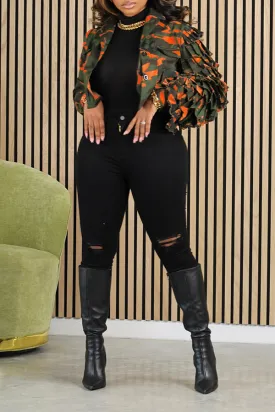 Casual Camo Ruched Sleeve Jacket