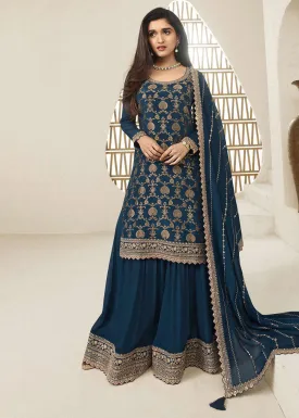 Chinnon Jacquard Prussian Blue Zari Embroidered Palazzo Suit