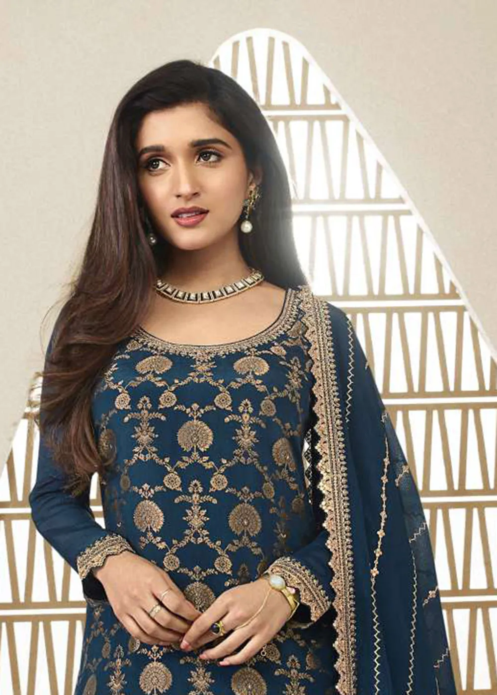 Chinnon Jacquard Prussian Blue Zari Embroidered Palazzo Suit