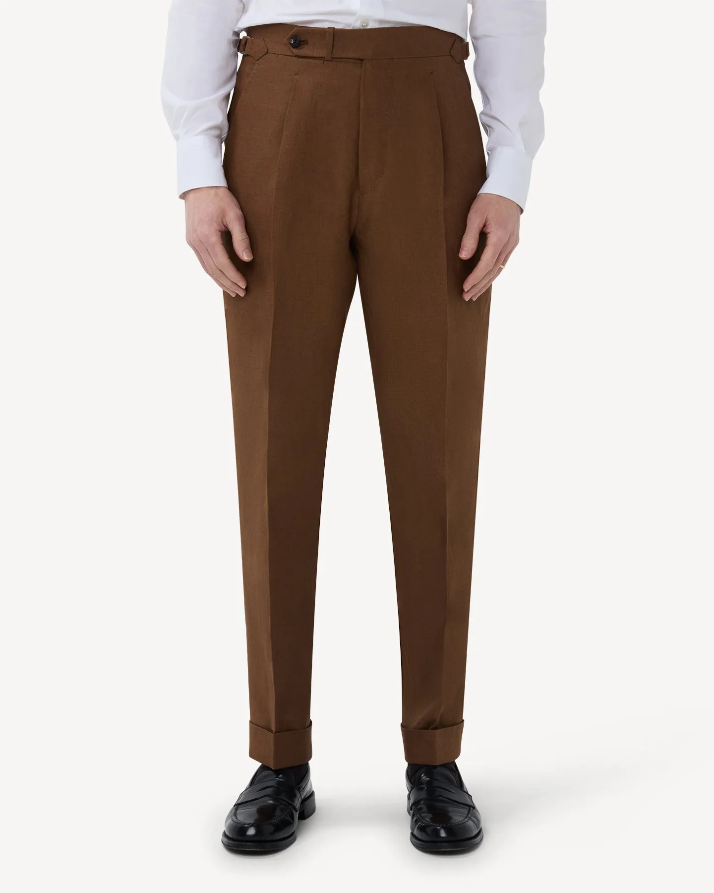 Dark Tan Single Pleat Linen Trousers