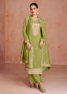 Elegant Lime Green Silk Embroidered Palazzo Salwar Kameez