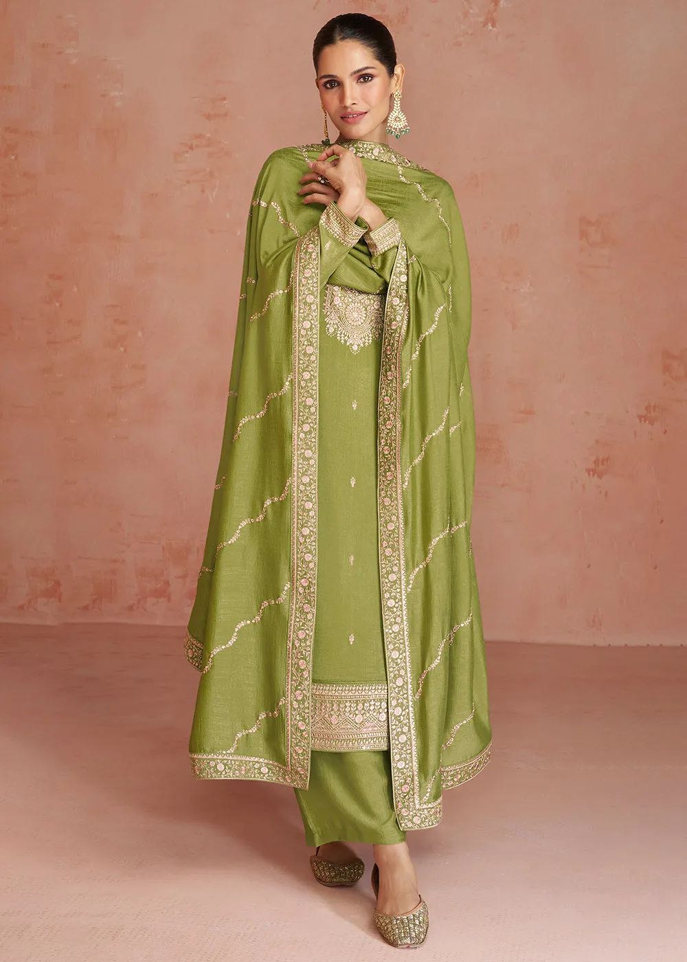 Elegant Lime Green Silk Embroidered Palazzo Salwar Kameez