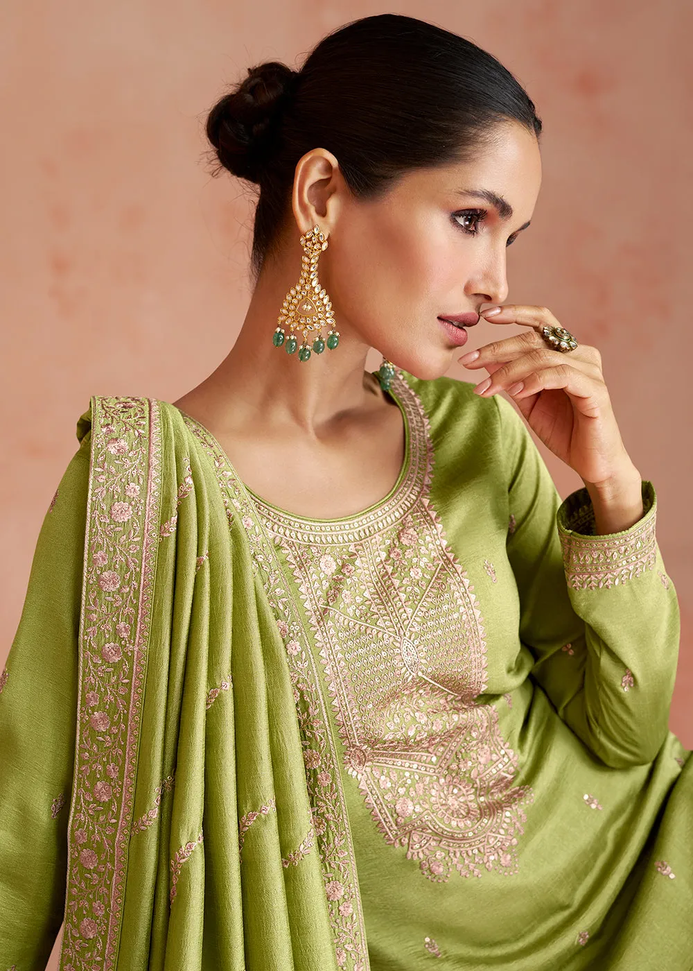 Elegant Lime Green Silk Embroidered Palazzo Salwar Kameez