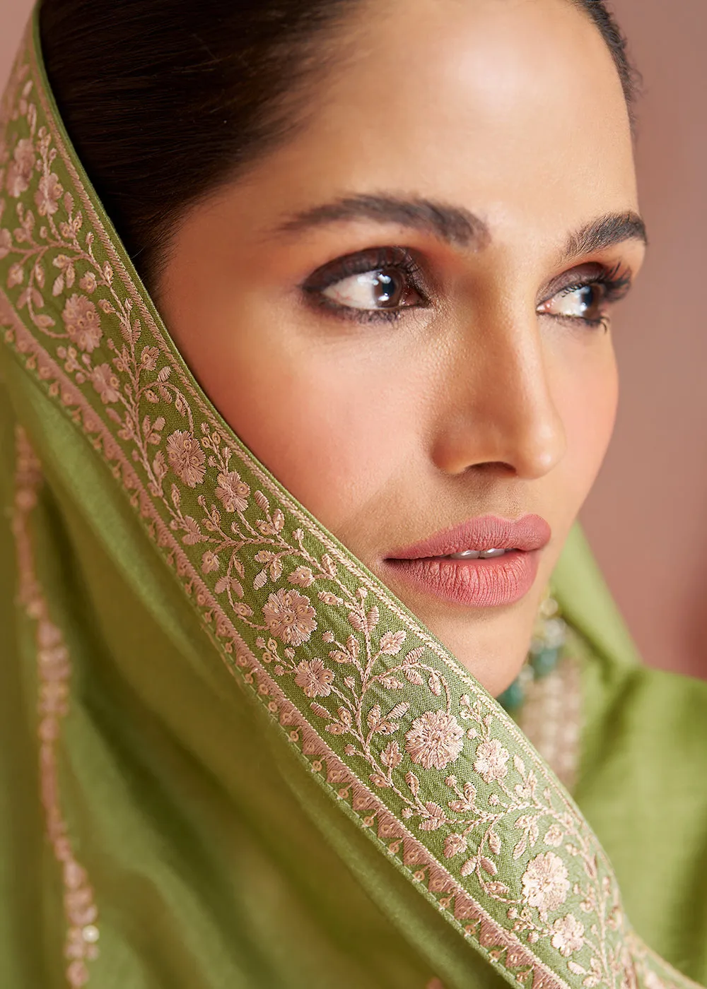 Elegant Lime Green Silk Embroidered Palazzo Salwar Kameez