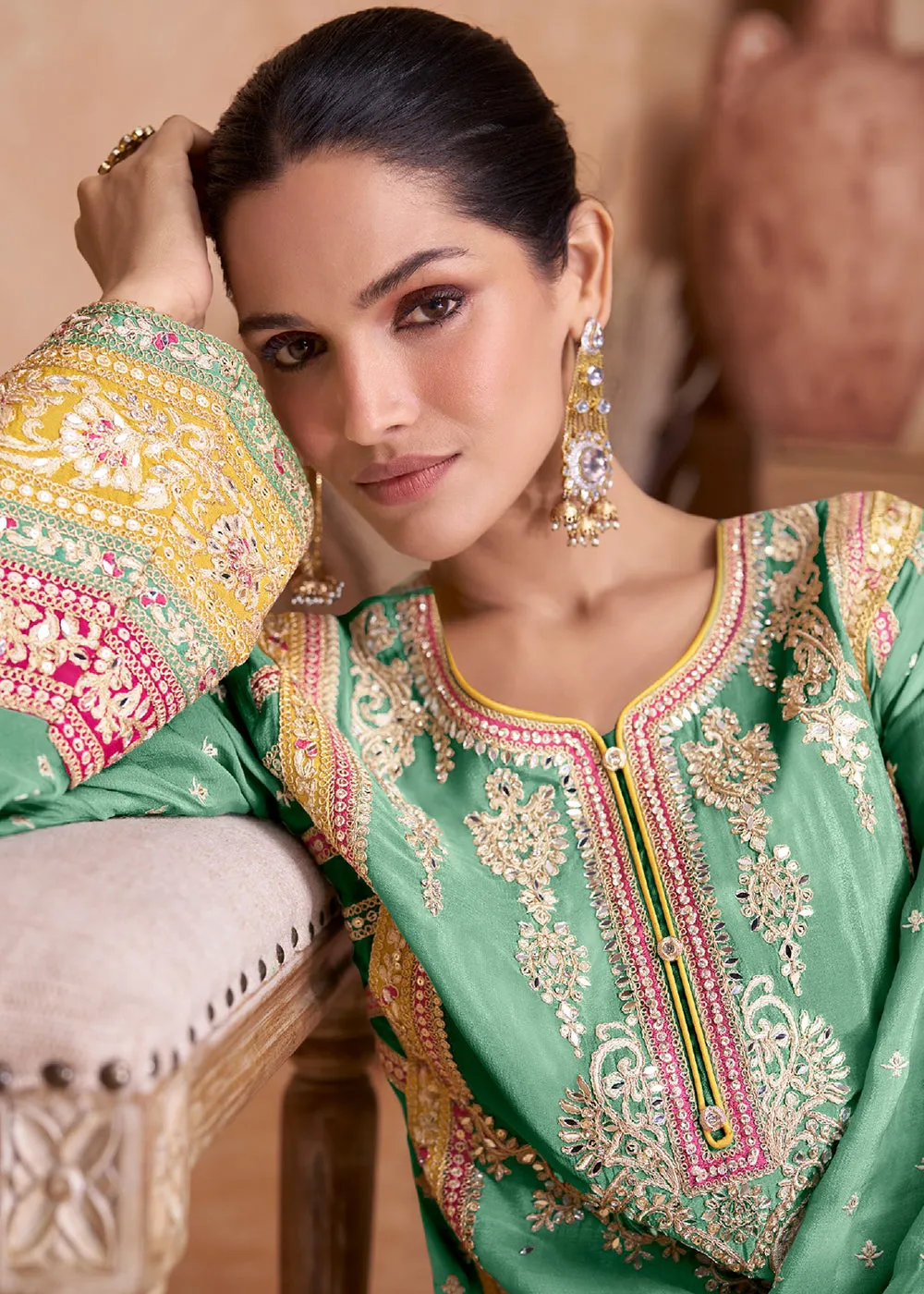 Fancy Aqua Green Chinnon Embroidered Designer Palazzo Suit
