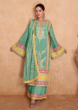 Fancy Aqua Green Chinnon Embroidered Designer Palazzo Suit