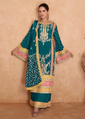 Fancy Teal Green Chinnon Embroidered Designer Palazzo Suit