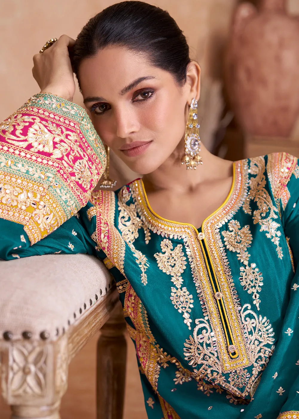 Fancy Teal Green Chinnon Embroidered Designer Palazzo Suit