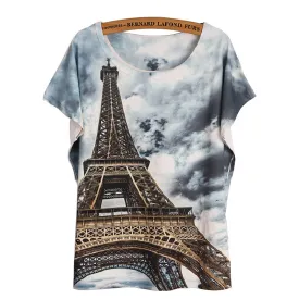Fashion Women T Shirt Short Sleeve Eiffel Tower Print tshirts Women Tops T- Shirt Casual Patchwork Top Shirt Women