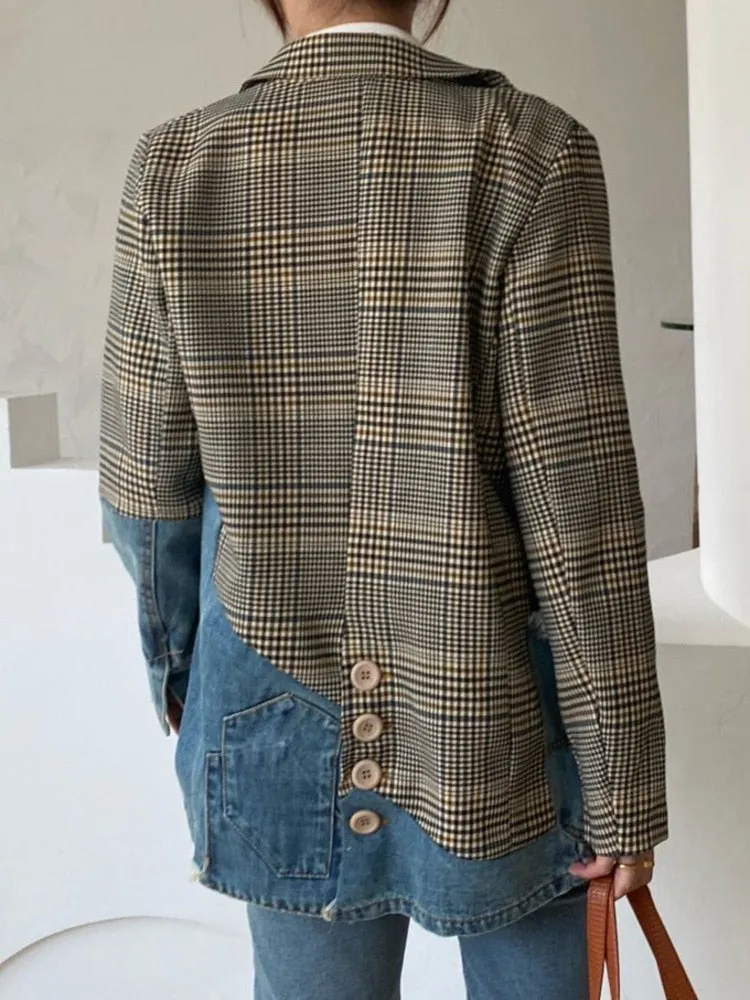 Fashion Women's Blazer New Autumn Notched Collar Denim Stitching Plaid Single Breasted Suit Jackets