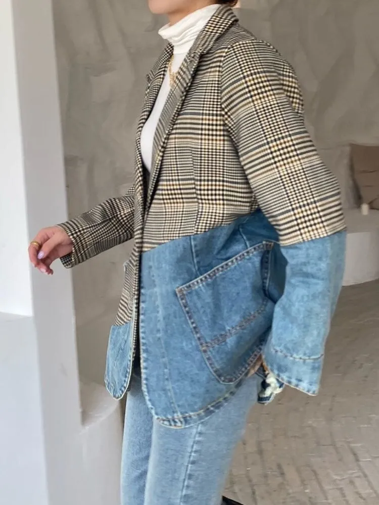 Fashion Women's Blazer New Autumn Notched Collar Denim Stitching Plaid Single Breasted Suit Jackets