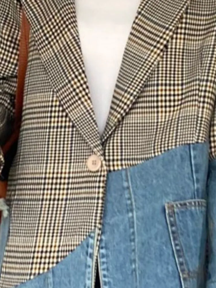 Fashion Women's Blazer New Autumn Notched Collar Denim Stitching Plaid Single Breasted Suit Jackets