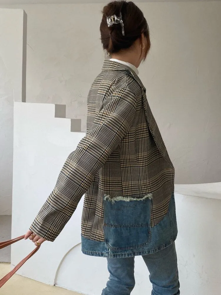Fashion Women's Blazer New Autumn Notched Collar Denim Stitching Plaid Single Breasted Suit Jackets