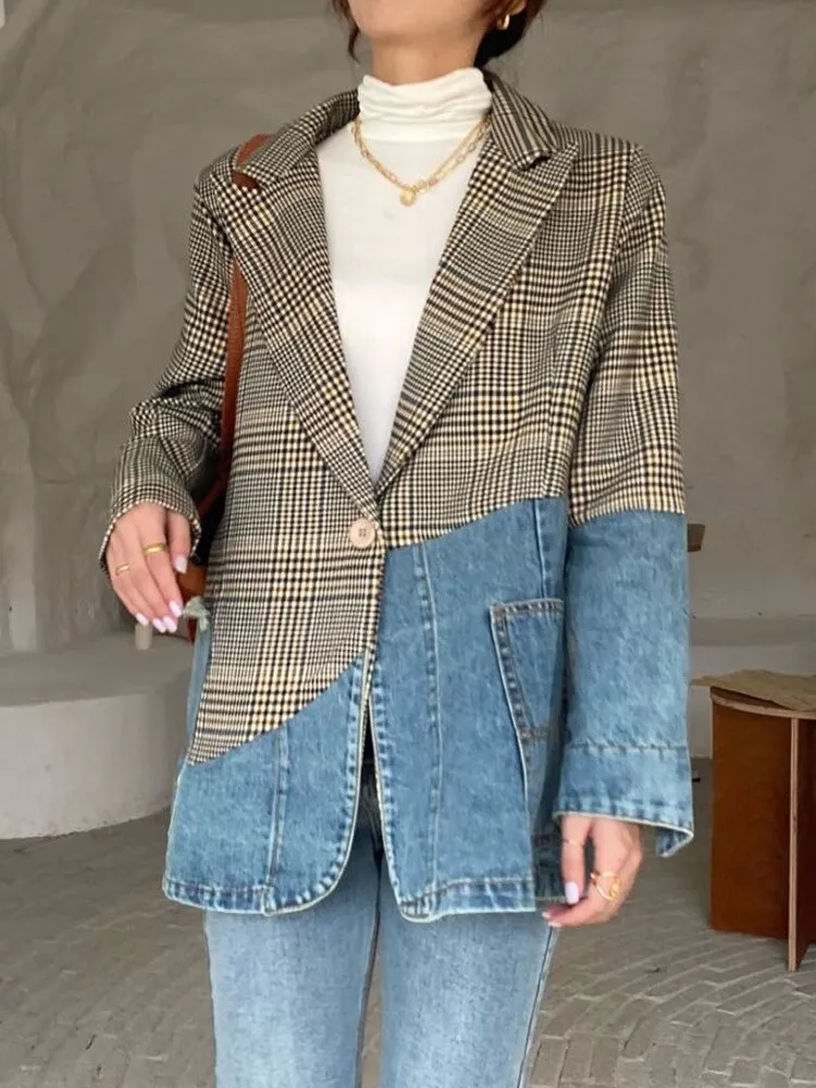 Fashion Women's Blazer New Autumn Notched Collar Denim Stitching Plaid Single Breasted Suit Jackets