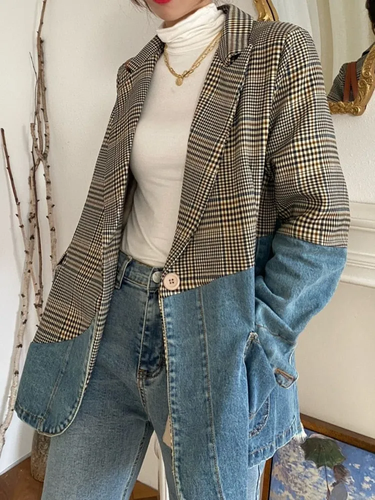 Fashion Women's Blazer New Autumn Notched Collar Denim Stitching Plaid Single Breasted Suit Jackets