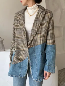 Fashion Women's Blazer New Autumn Notched Collar Denim Stitching Plaid Single Breasted Suit Jackets