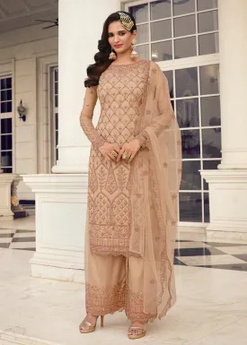 Fetching Beige & Gold Embroidered Pant Style Salwar Suit