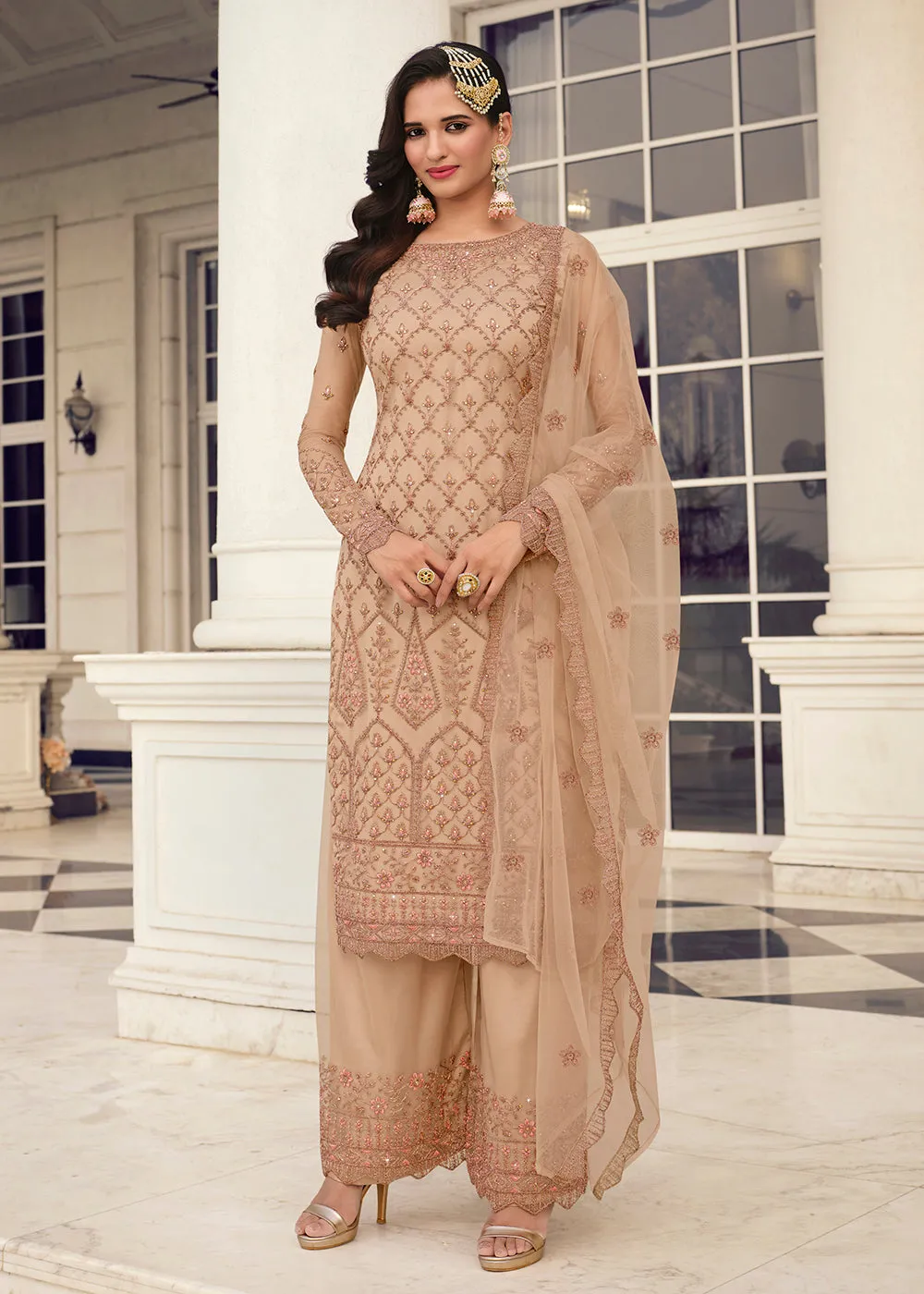 Fetching Beige & Gold Embroidered Pant Style Salwar Suit