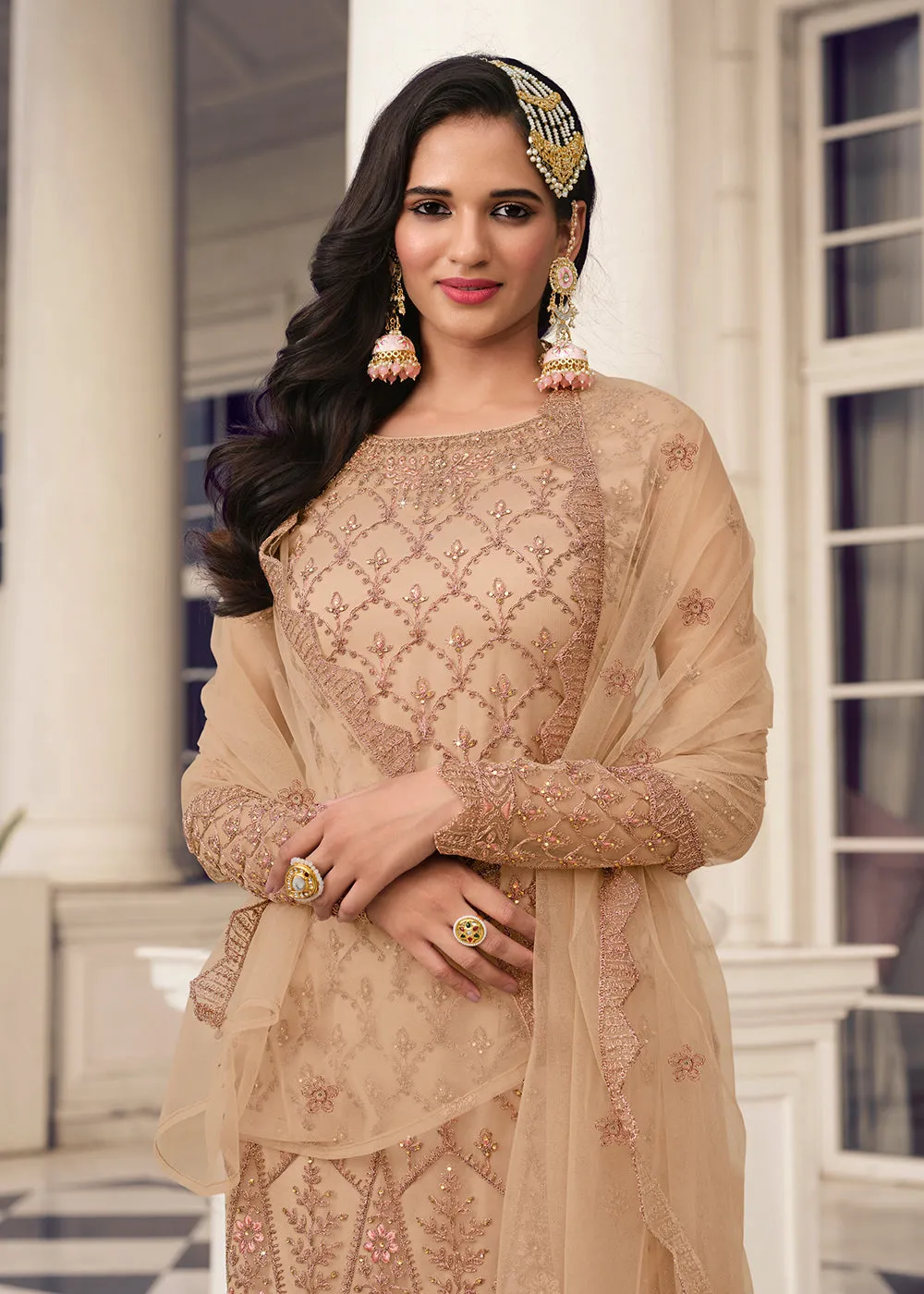 Fetching Beige & Gold Embroidered Pant Style Salwar Suit