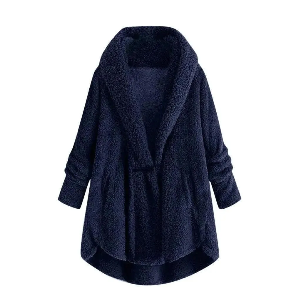 Hooded solid color casual jacket with horn button plush top