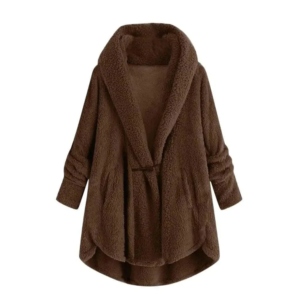 Hooded solid color casual jacket with horn button plush top
