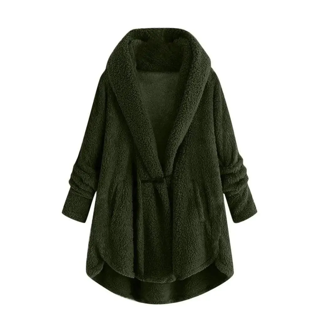 Hooded solid color casual jacket with horn button plush top