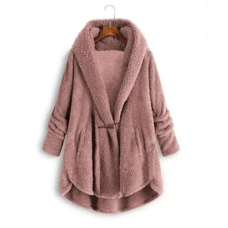 Hooded solid color casual jacket with horn button plush top