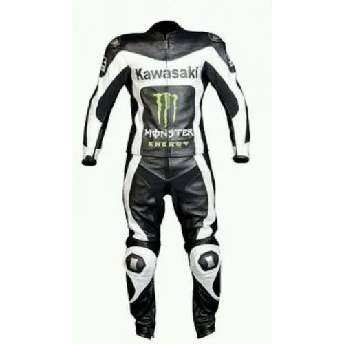 KAWASAKI MONSTER BLACK WHITE MOTORCYCLE LEATHER RACING SUIT