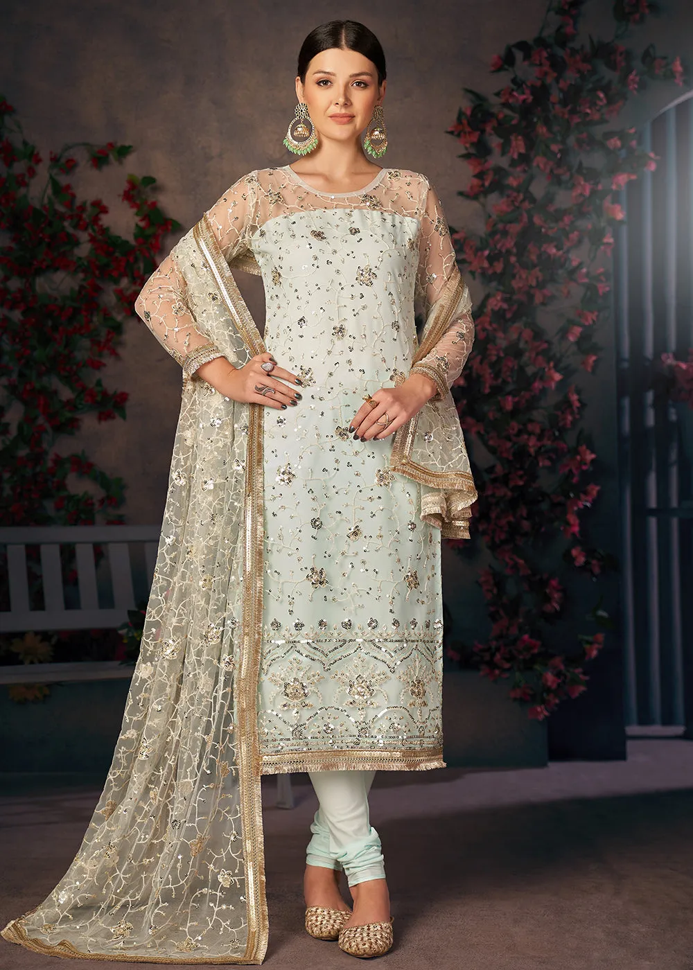 Light Sea Green All Over Thread Work Net Churidar Suit