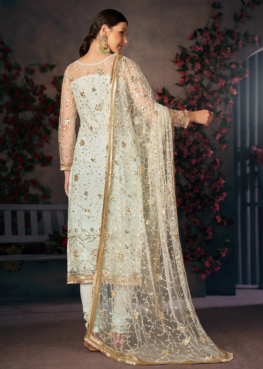 Light Sea Green All Over Thread Work Net Churidar Suit