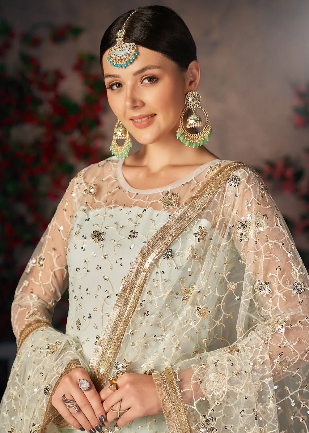 Light Sea Green All Over Thread Work Net Churidar Suit
