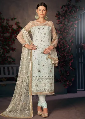 Light Sea Green All Over Thread Work Net Churidar Suit