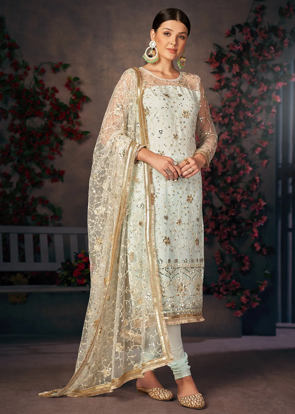 Light Sea Green All Over Thread Work Net Churidar Suit