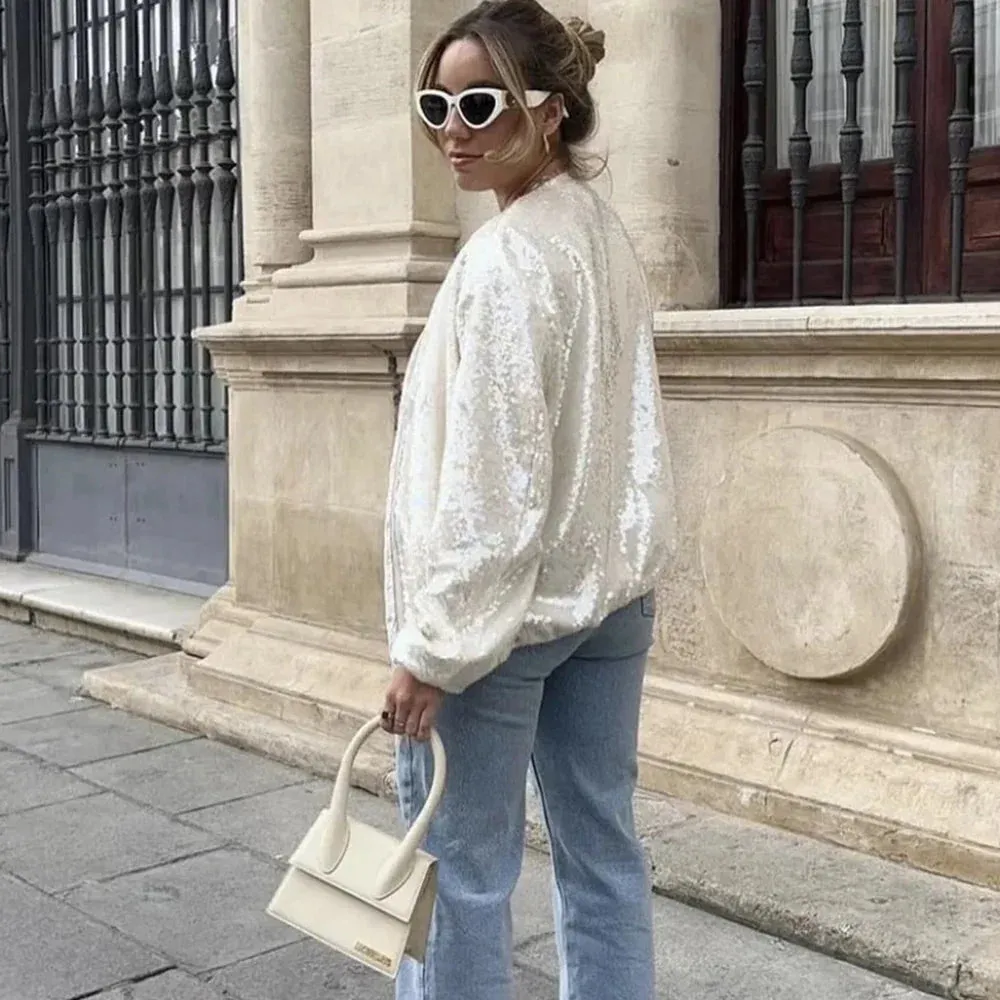 Loose Casual Sequin Zipper Femme Streetwear Solid Summer Jacket